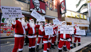 Vestidos de Santa Claus, activistas veganos protestan en KFC